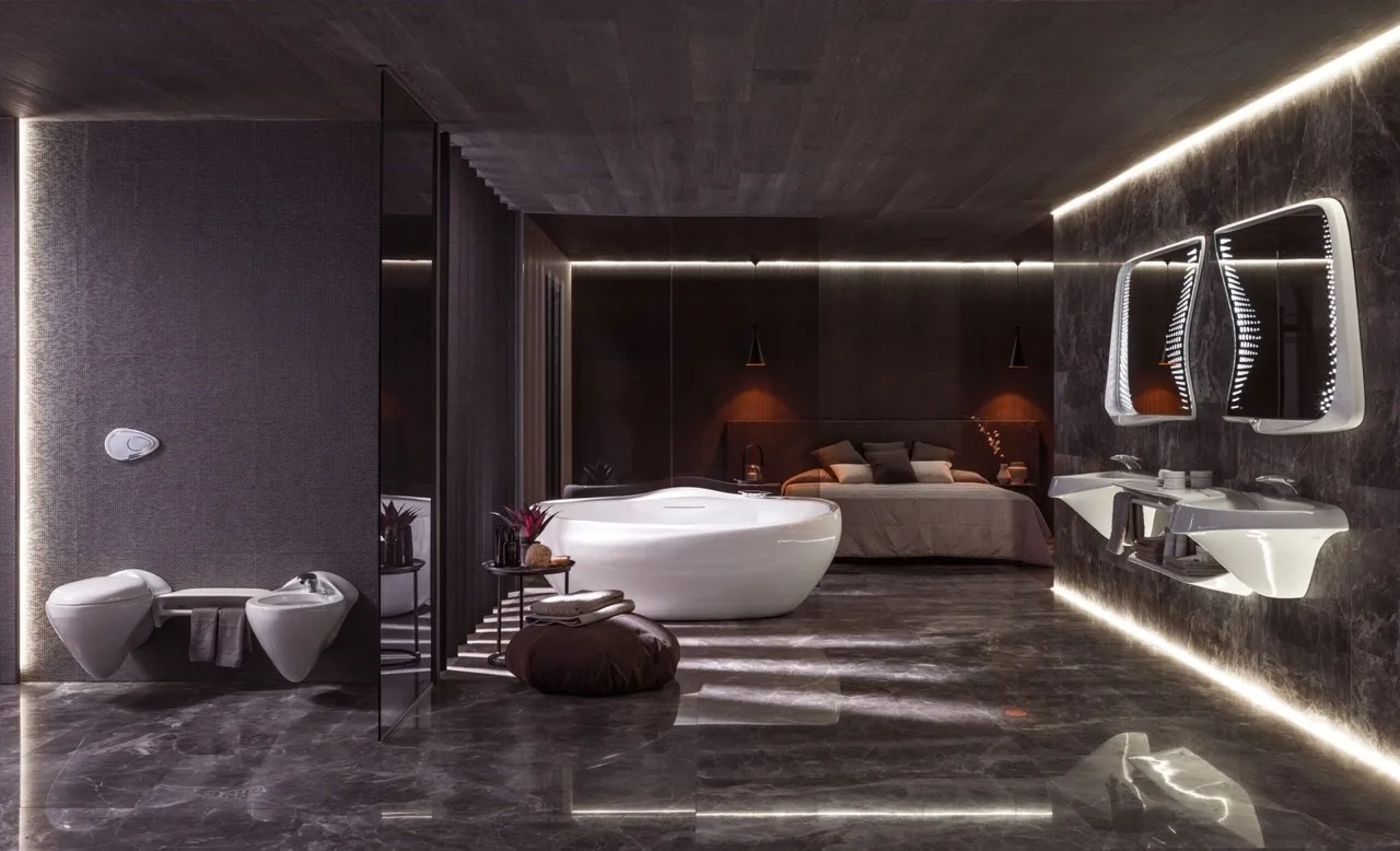 Bathrooms adorned with exclusive designs by Zaha Hadid and Maison Valentina, the pinnacle of luxury sanitary ware.